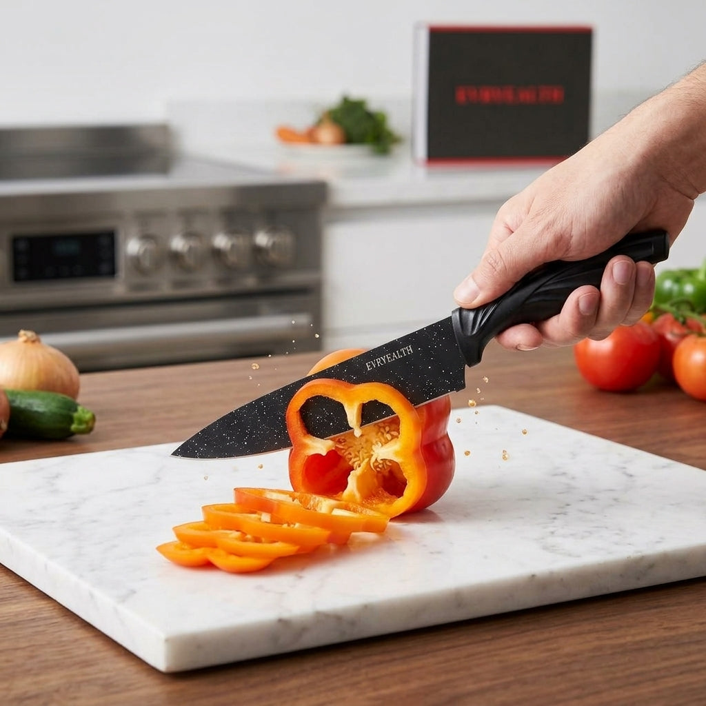 Evryealth 6-Piece Non-Stick Marble Coated Kitchen Knife Set with Ergonomic Wave Handles & Ceramic Peeler