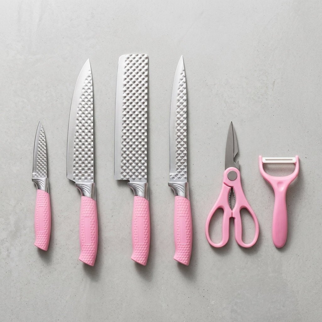 EVCRIERH 6-Piece Corrugated Kitchen Knife Set – Pink Non-Stick Blades with Scissor & Peeler