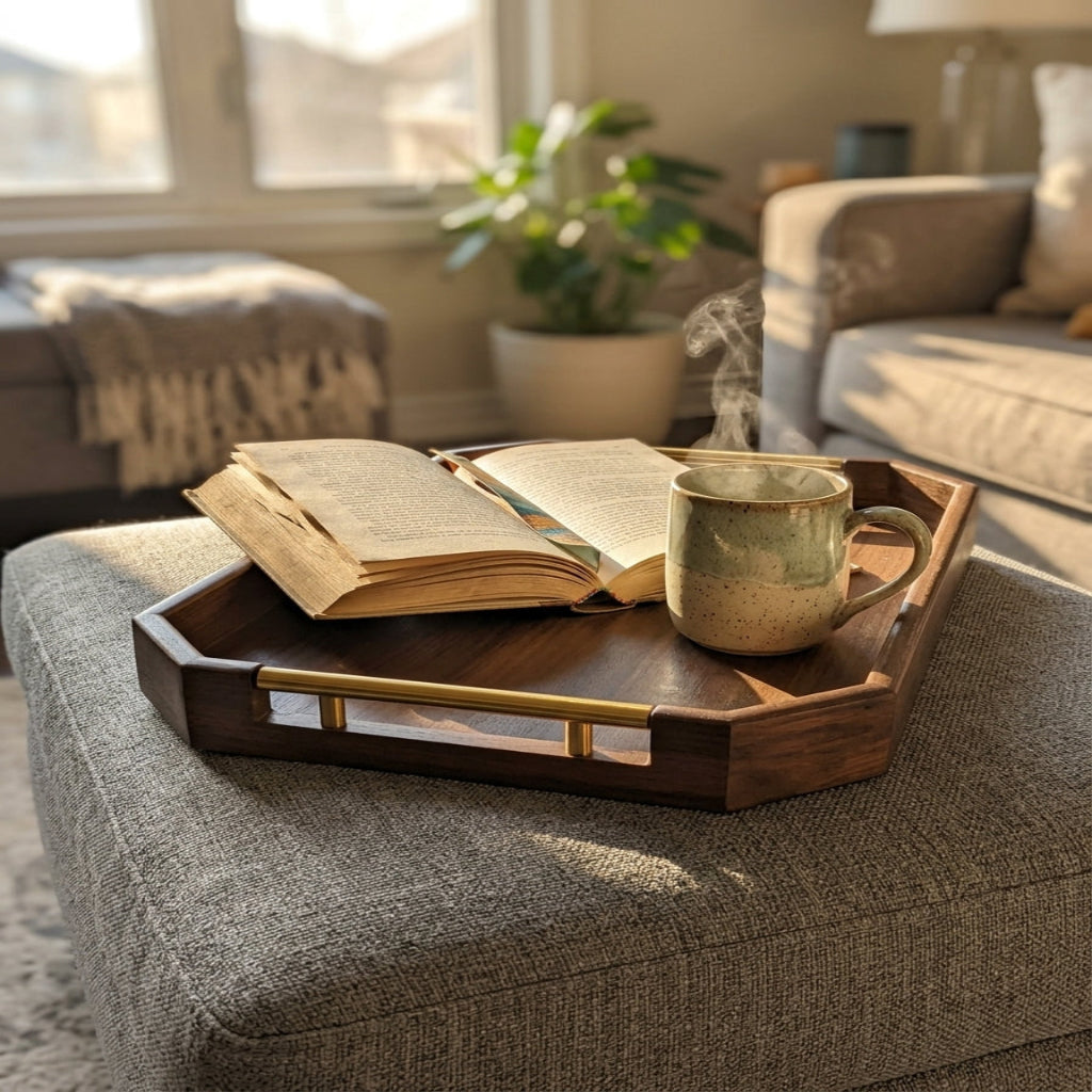 Premium Octagonal Handcrafted walnut finish Wooden Serving Trays with Gold Handles - Set of 3 Nested Trays