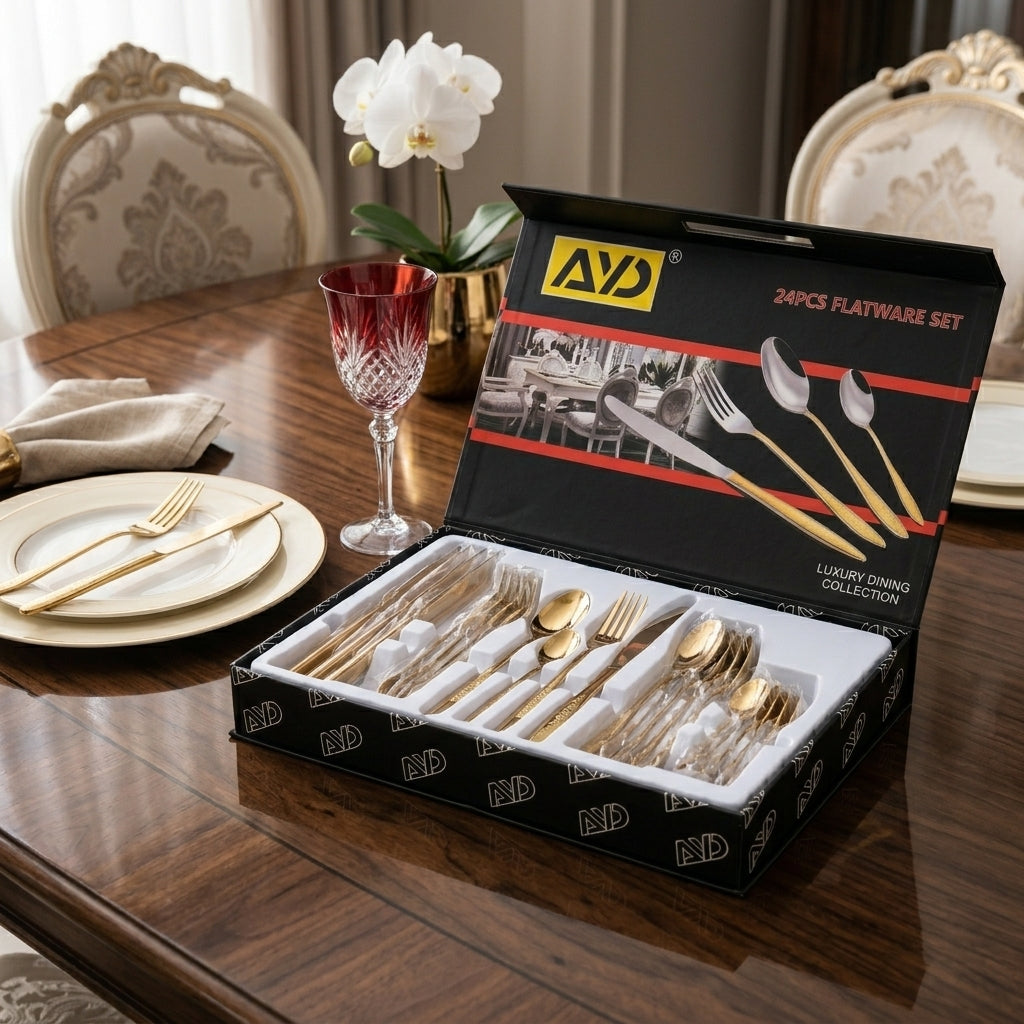 AYD 24-Piece Luxury Gold Flatware Set – Stainless Steel Cutlery Service for 6 ( S/S 18/10 )
