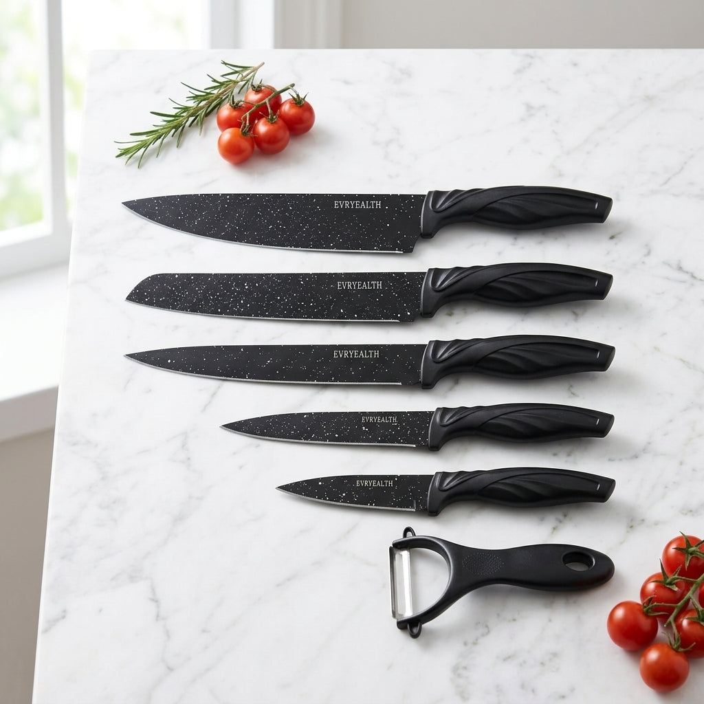Evryealth 6-Piece Non-Stick Marble Coated Kitchen Knife Set with Ergonomic Wave Handles & Ceramic Peeler