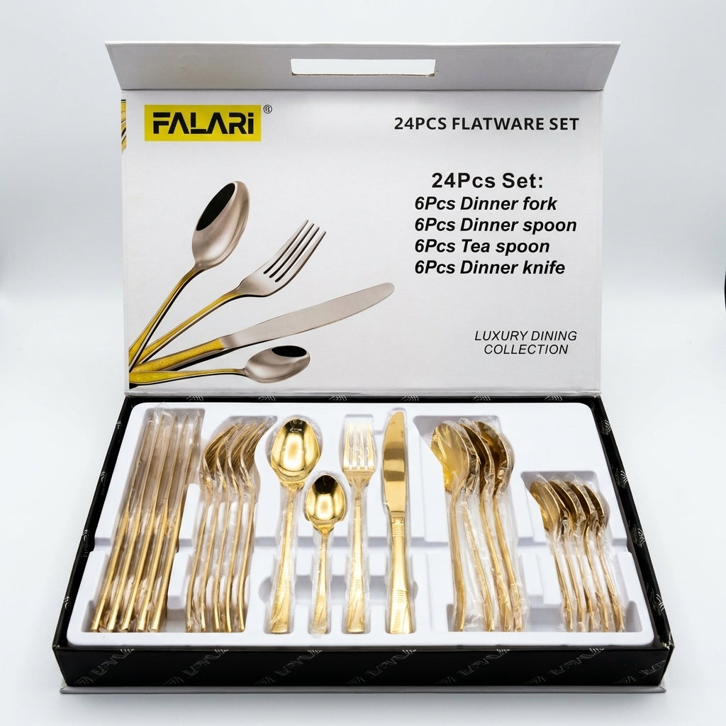 FALARI 24-Piece Luxury Gold Flatware Set – Stainless Steel Cutlery Service for 6 ( 18/10 S/S )