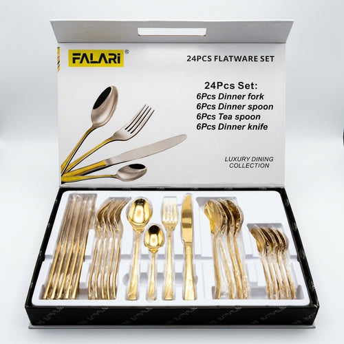 FALARI 24-Piece Luxury Gold Flatware Set – Stainless Steel Cutlery Service for 6