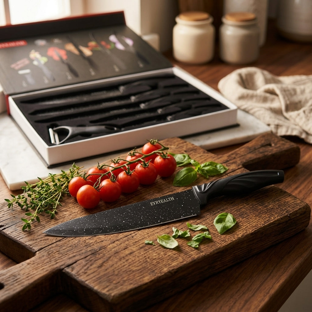 Evryealth 6-Piece Non-Stick Marble Coated Kitchen Knife Set with Ergonomic Wave Handles & Ceramic Peeler