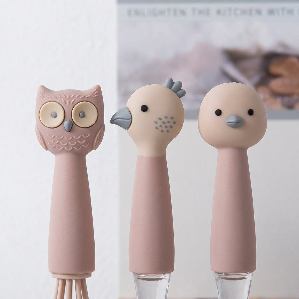 3-Piece Cute Woodland Animal Baking Tool Set – Silicone Spatula, Whisk & Pastry Brush