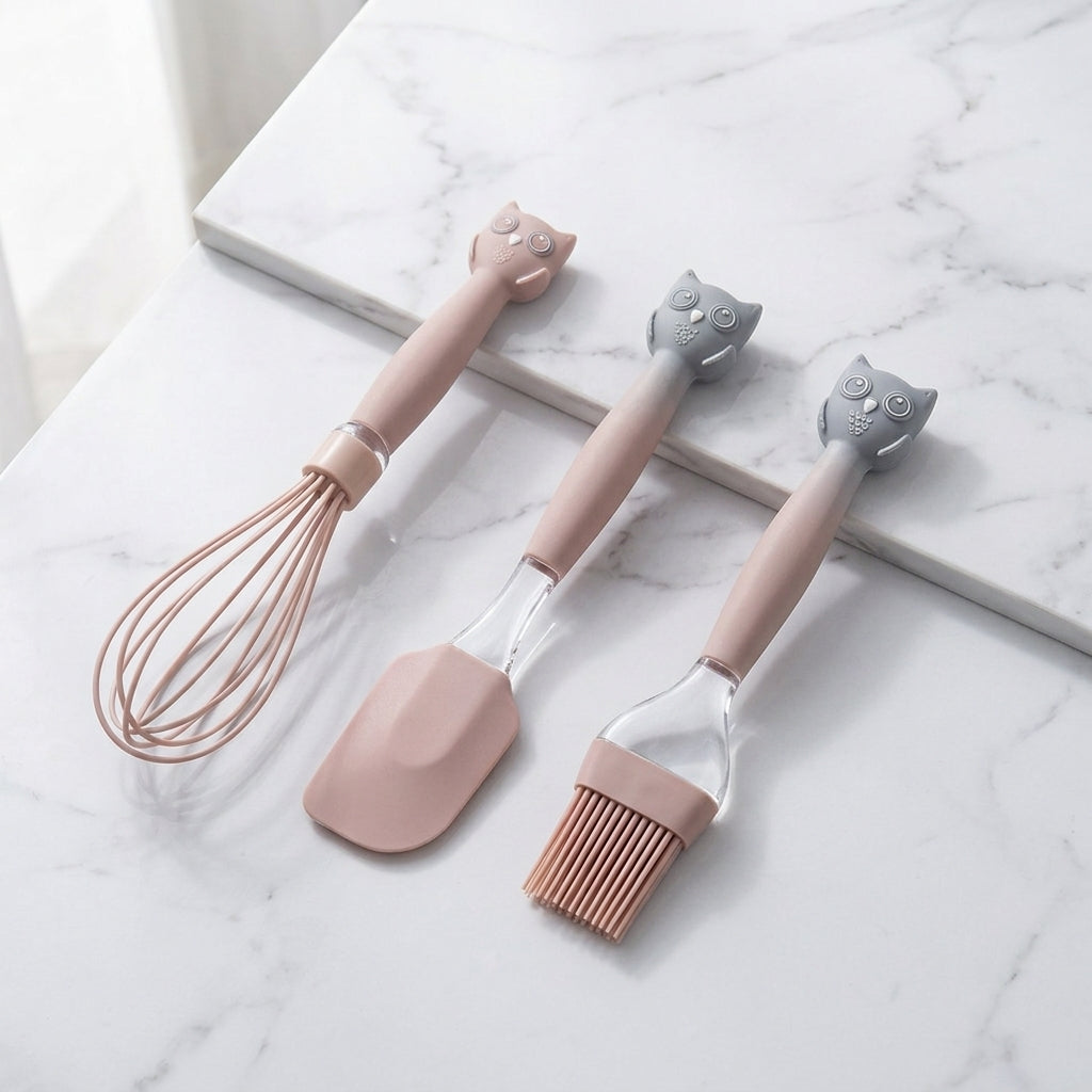 3-Piece Cute Woodland Animal Baking Tool Set – Silicone Spatula, Whisk & Pastry Brush