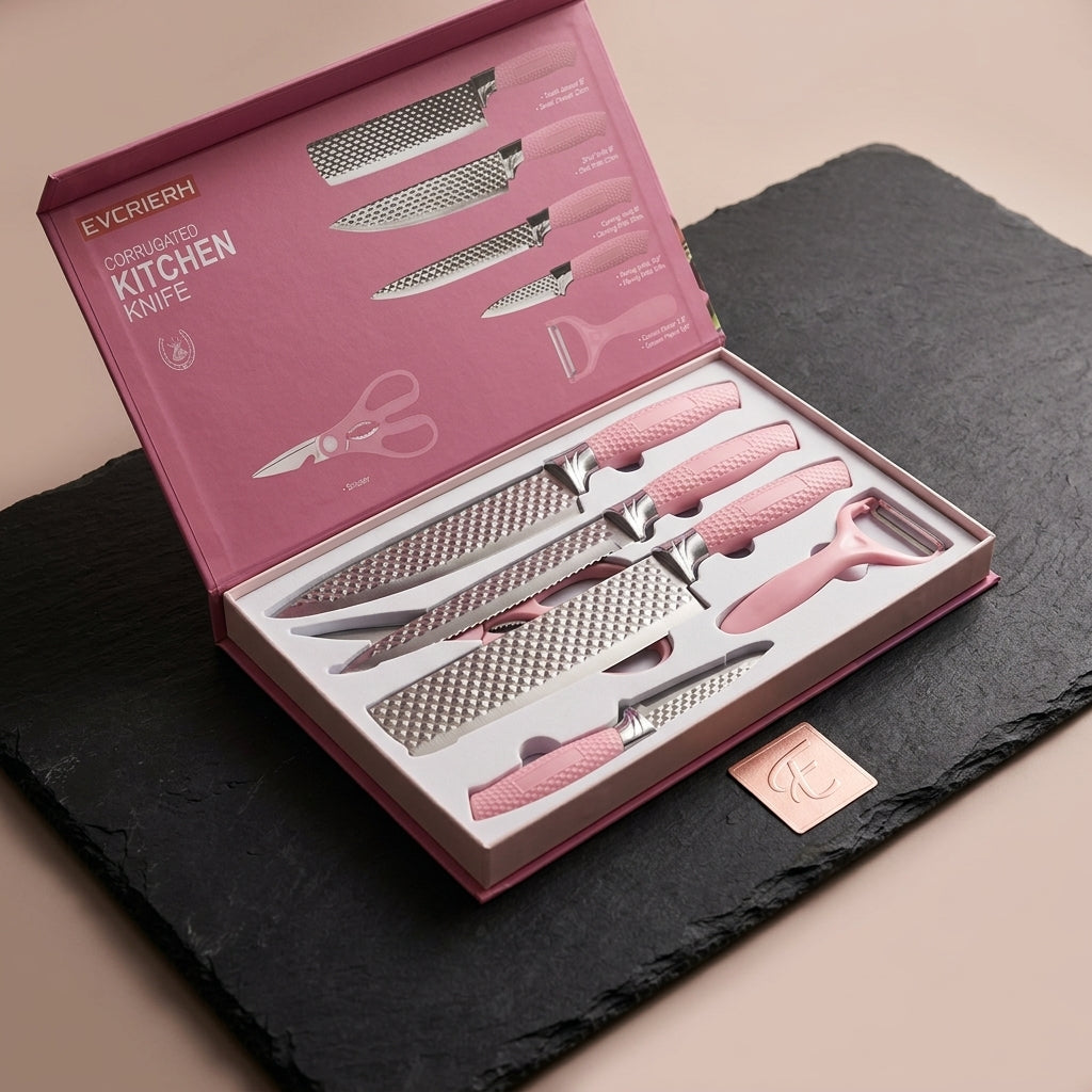 EVCRIERH 6-Piece Corrugated Kitchen Knife Set – Pink Non-Stick Blades with Scissor & Peeler