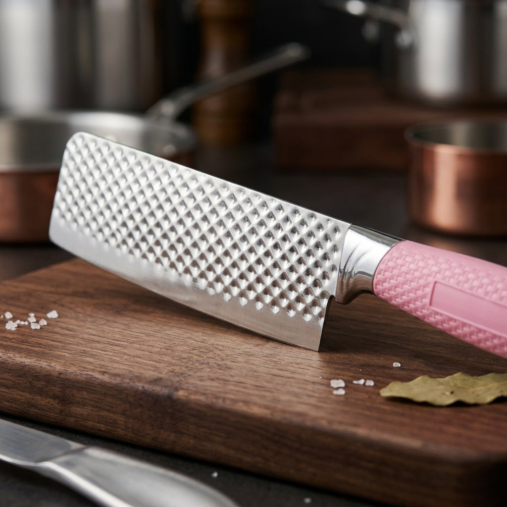 EVCRIERH 6-Piece Corrugated Kitchen Knife Set – Pink Non-Stick Blades with Scissor & Peeler