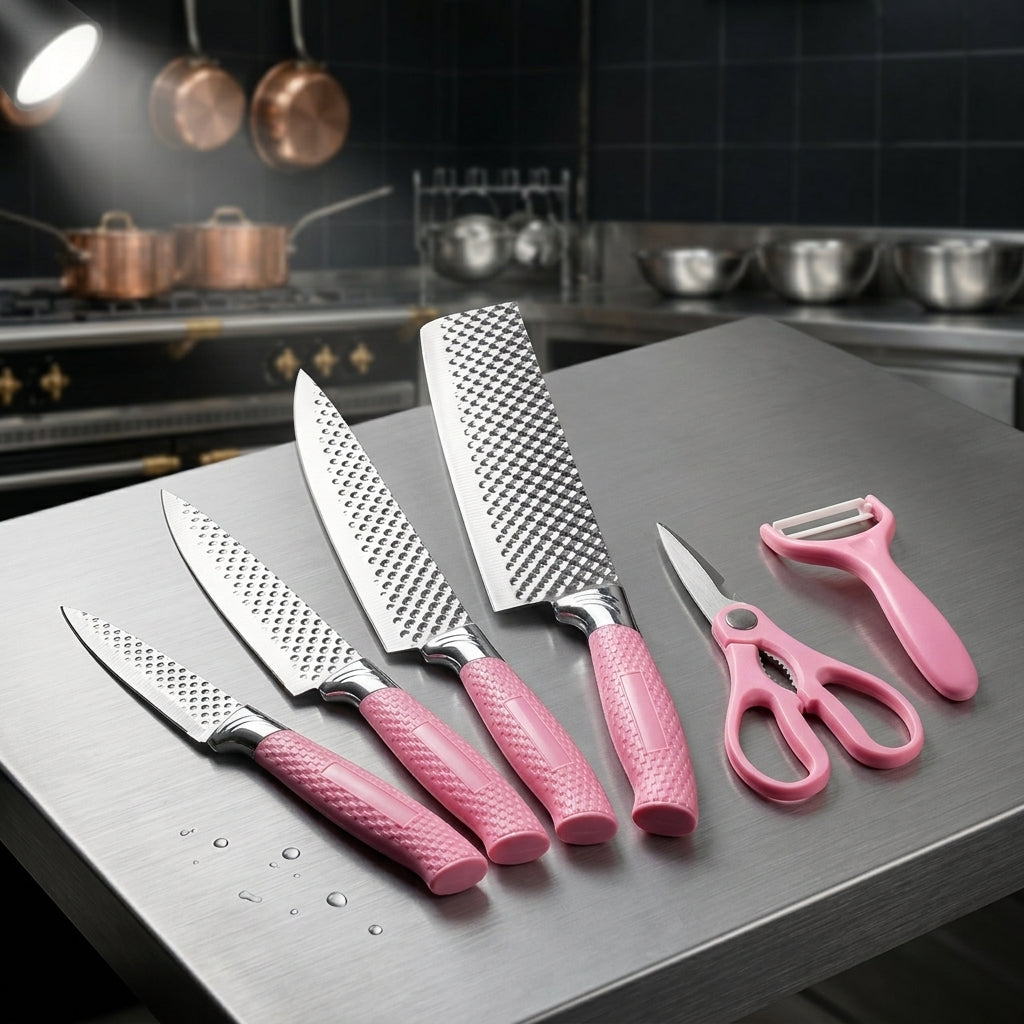 EVCRIERH 6-Piece Corrugated Kitchen Knife Set – Pink Non-Stick Blades with Scissor & Peeler