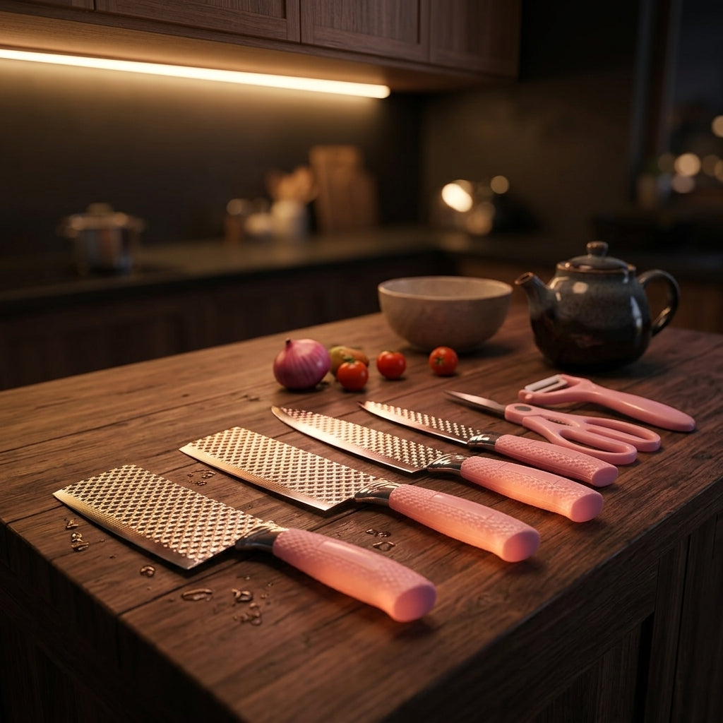 EVCRIERH 6-Piece Corrugated Kitchen Knife Set – Pink Non-Stick Blades with Scissor & Peeler
