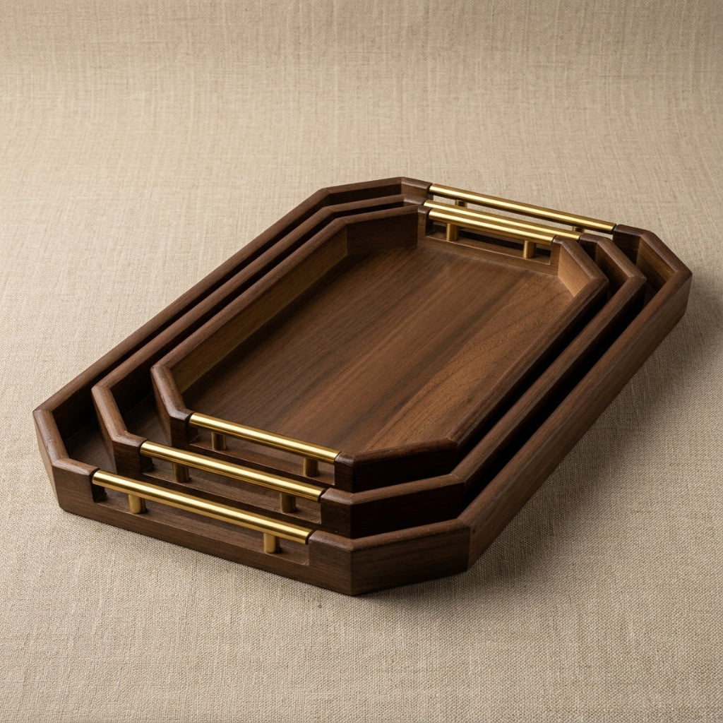 Premium Octagonal Handcrafted walnut finish Wooden Serving Trays with Gold Handles - Set of 3 Nested Trays