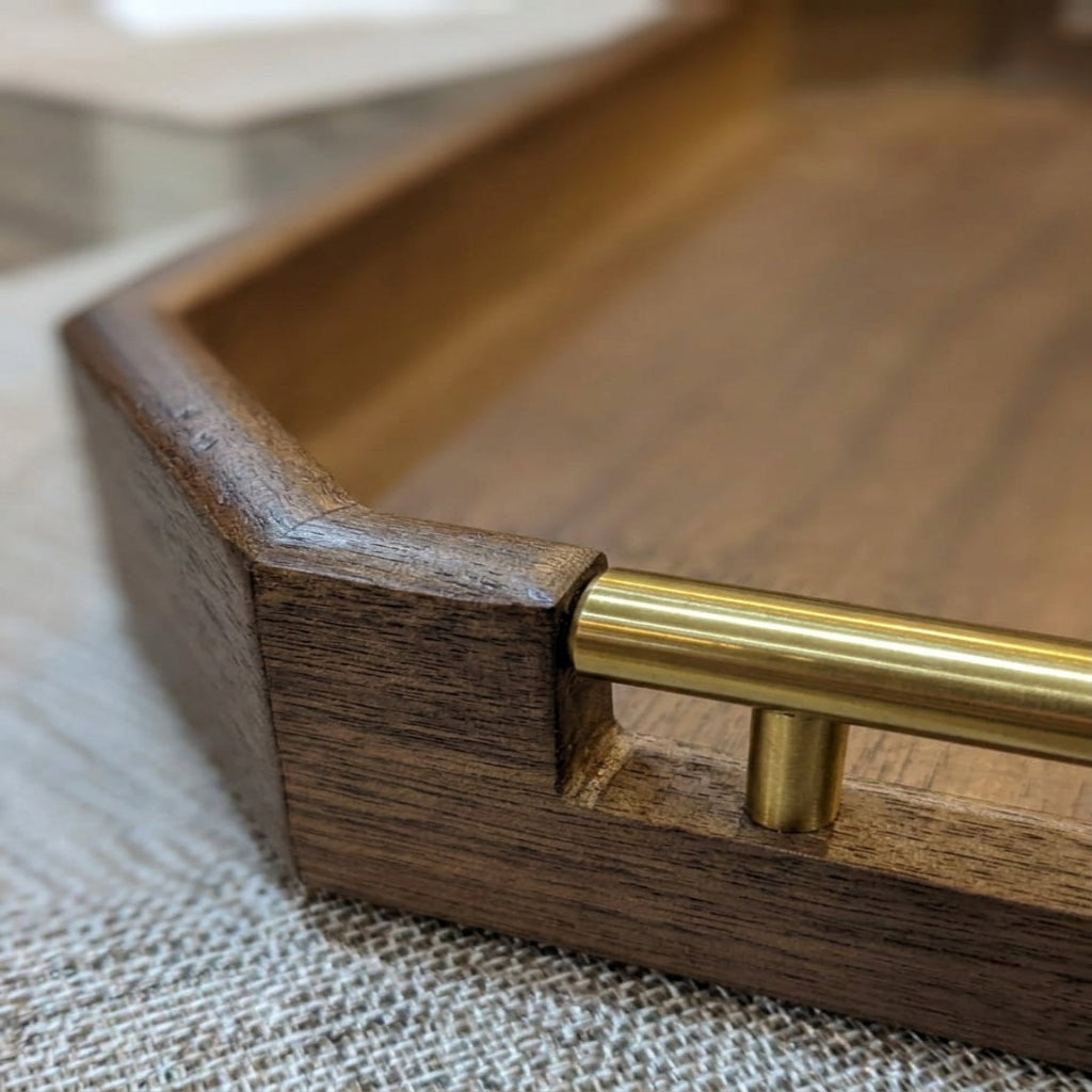 Premium Octagonal Handcrafted walnut finish Wooden Serving Trays with Gold Handles - Set of 3 Nested Trays