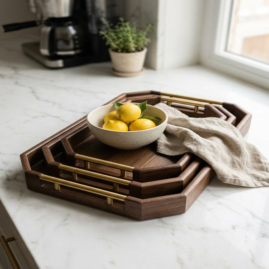 Premium Octagonal Handcrafted walnut finish Wooden Serving Trays with Gold Handles - Set of 3 Nested Trays